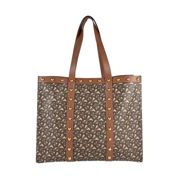 Auth BURBERRY Tote Bag Shoulder Bag Brown PVC/Leather/Goldtone - Picture 1 of 12
